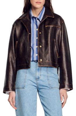 sandro Jude Lambskin Leather Jacket in Black Brown