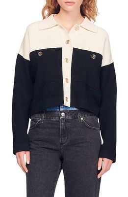 sandro Killim Two-Tone Button-Up Shirt in Ecru Black