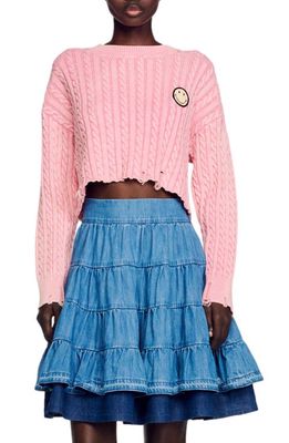 sandro Leeloo Cable Stitch Crop Sweater in Pink