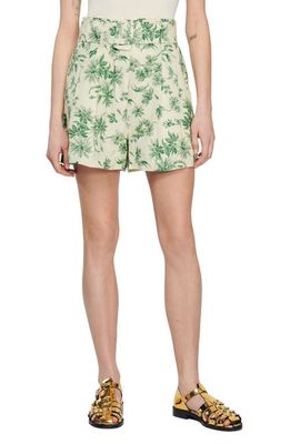 sandro Leman Floral Belted Linen Blend Shorts in Ecru - Green