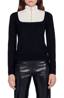 sandro Leny Contrast Yoke Wool Blend Sweater in Black