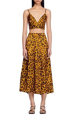 sandro Leopard Print Midi Skirt in Orange /Noir