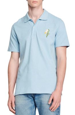sandro Lily of the Valley Embroidered Cotton Piqué Polo in Light Blue
