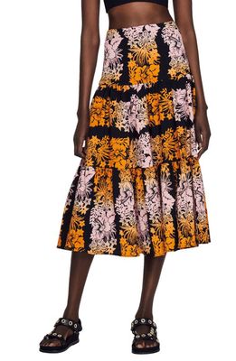 sandro Maddie Floral A-Line Skirt in Black