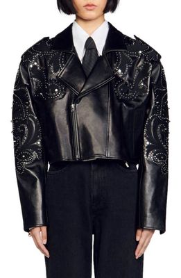 sandro Mariah Crop Leather Moto Jacket in Black