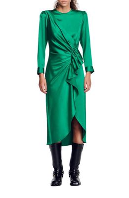 sandro Memphis Long Sleeve Satin Faux Wrap Dress in Green
