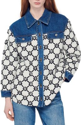 sandro Messine Fleece Denim Jacket in Blu /White
