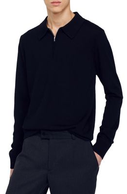 sandro Milano Long Sleeve Quarter Zip Wool Blend Polo in Black