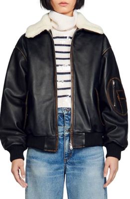 sandro Mitchell Genuine Shearling Collar Leather Jacket in Black/brown