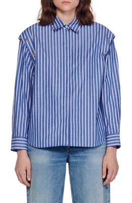 sandro Muscade Stripe Boxy Button-Up Shirt in Blue
