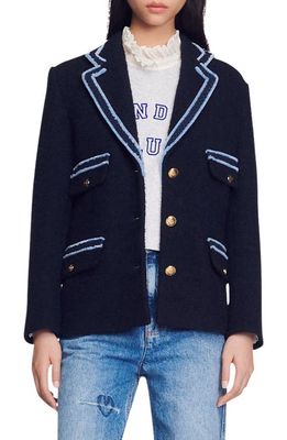 sandro Noella Tweed Jacket in Navy Blue