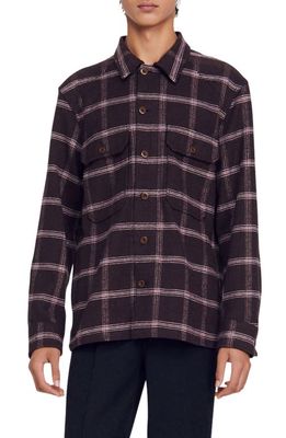 sandro Plaid Cotton & Wool Flannel Button-Up Overshirt in Brown