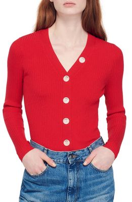 sandro Ribbed Cardigan in Red