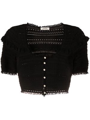 SANDRO ruffled pointelle-knit cropped cardigan - Black