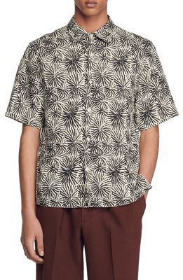 sandro Sea Urchin Short Sleeve Lyocell & Linen Button-Up Shirt in Black