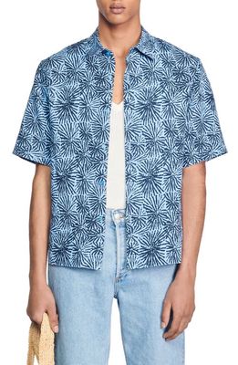 sandro Sea Urchin Short Sleeve Lyocell & Linen Button-Up Shirt in Navy Blue