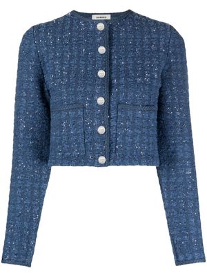 SANDRO sequin-embellished cropped tweed jacket - Blue