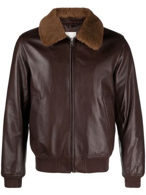 SANDRO shearling-collar leather jacket - Brown