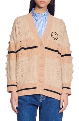 sandro Simon Pompom Cable Cardigan in Beige Brown