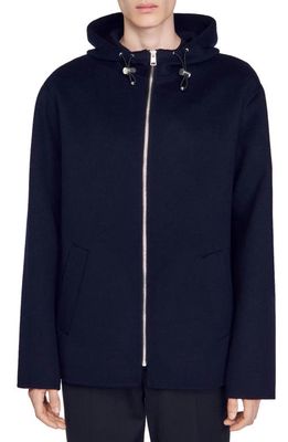 sandro Surf Hooded Double Face Wool Blend Jacket in Navy
