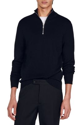 sandro Trucker Wool & Cotton Half Zip Sweater in Black