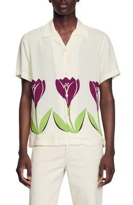 sandro Tulip Print Short Sleeve Button-Up Camp Shirt in Ecru