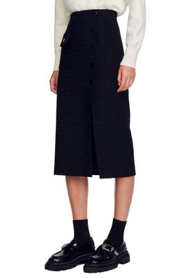 sandro Tzara Button Tweed Midi Skirt in Black
