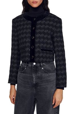 sandro Vali Houndstooth Velvet & Tweed Crop Jacket in Black