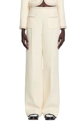 sandro Vaye Embellished Wide Leg Tweed Pants in Ecru