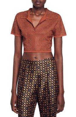 sandro Vierge Embellished Crop Knit Polo Shirt in Brown