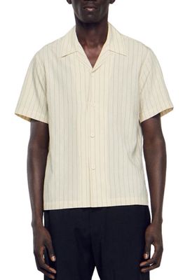sandro Vita Stripe Short Sleeve Button-Up Camp Shirt in Beige