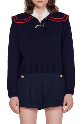 sandro Williams Puritan Collar Wool Sweater in Navy Blue