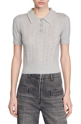 sandro Willy Embellished Wool & Cashmere Polo Sweater in Light Grey