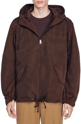 sandro Windy Hooded Windbreaker Jacket in Black Brown
