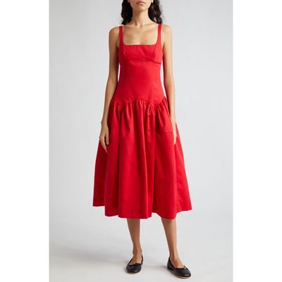 Sandy Liang Cricket Cutout Pleated Midi Dress in Red 