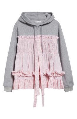 Sandy Liang Esther Smocked Gingham Bodice Full-Zip Hoodie in Heather Grey 