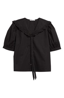 Sandy Liang Florent Puff Sleeve Cotton Poplin Button-Up Shirt in Black