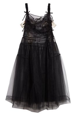 Sandy Liang Monchi Bow Sheer Tulle Midi Dress in Black