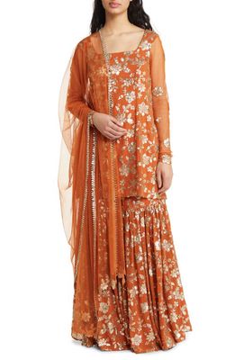 Sani Naya Floral Sequin Long Sleeve Gharara with Dupatta in Copper