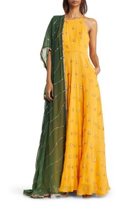 Sani Nila Embroidered Gown & Dupatta in Marigold/Green Dupatta