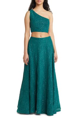 Sani Raz Floral Embroidered One-Shoulder Lehenga with Dupatta in Emerald