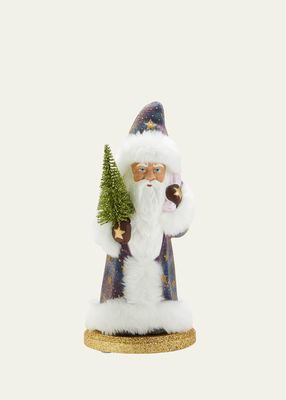 Santa Figurine in Glittered Starry Coat with Faux Fur Trim