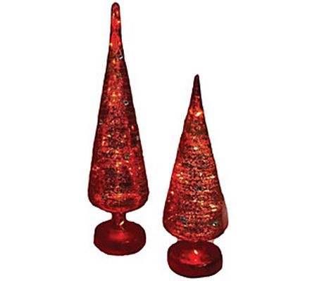 Santa's Workshop 12" & 14" Red Glass LED Trees, Set of 2