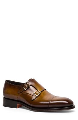 Santoni Dithered Double Monk Strap Shoe in Light Brown-C76