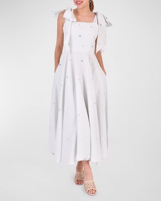 Sara Shoulder-Tie Bow Linen Midi Dress