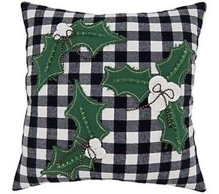 Saro Lifestyle Buffalo Plaid & Holly Applique T hrow Pillow