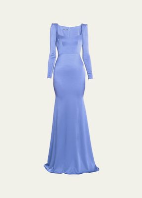 Satin Crepe Angled Portrait Long-Sleeve Gown