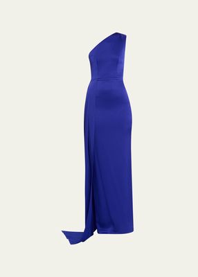 Satin Crepe One-Shoulder Column Gown with Sash