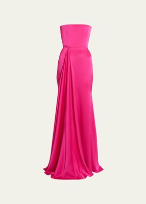 Satin Crepe Strapless Gathered Drape Gown