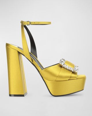 Satin Crystal Ankle-Strap Platform Sandals